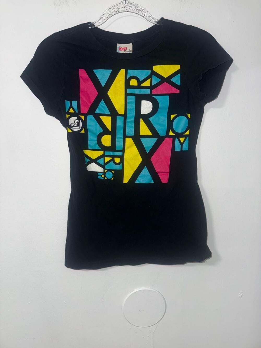 Y2K Roxy Paradise Abstract Graphic T-Shirt Size M Black